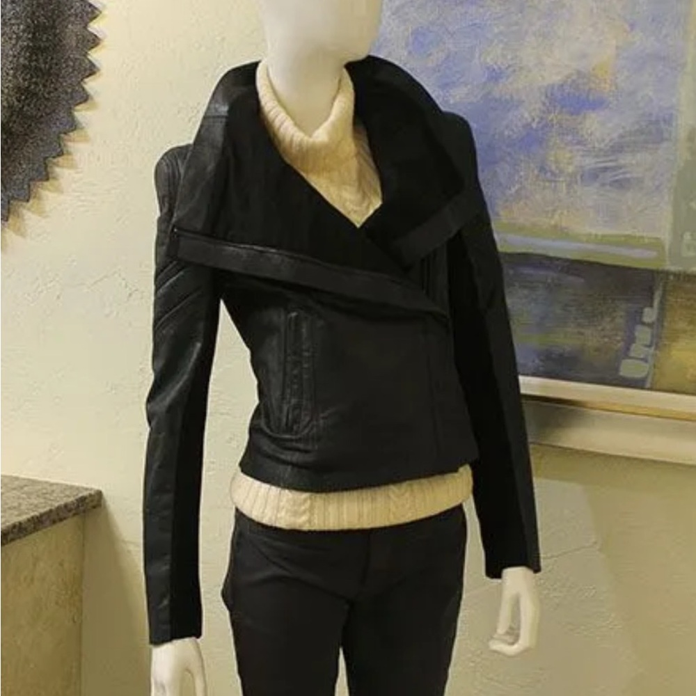BCBGMaxAzria Black Leather Jacket Asymmetrical Fitted Design